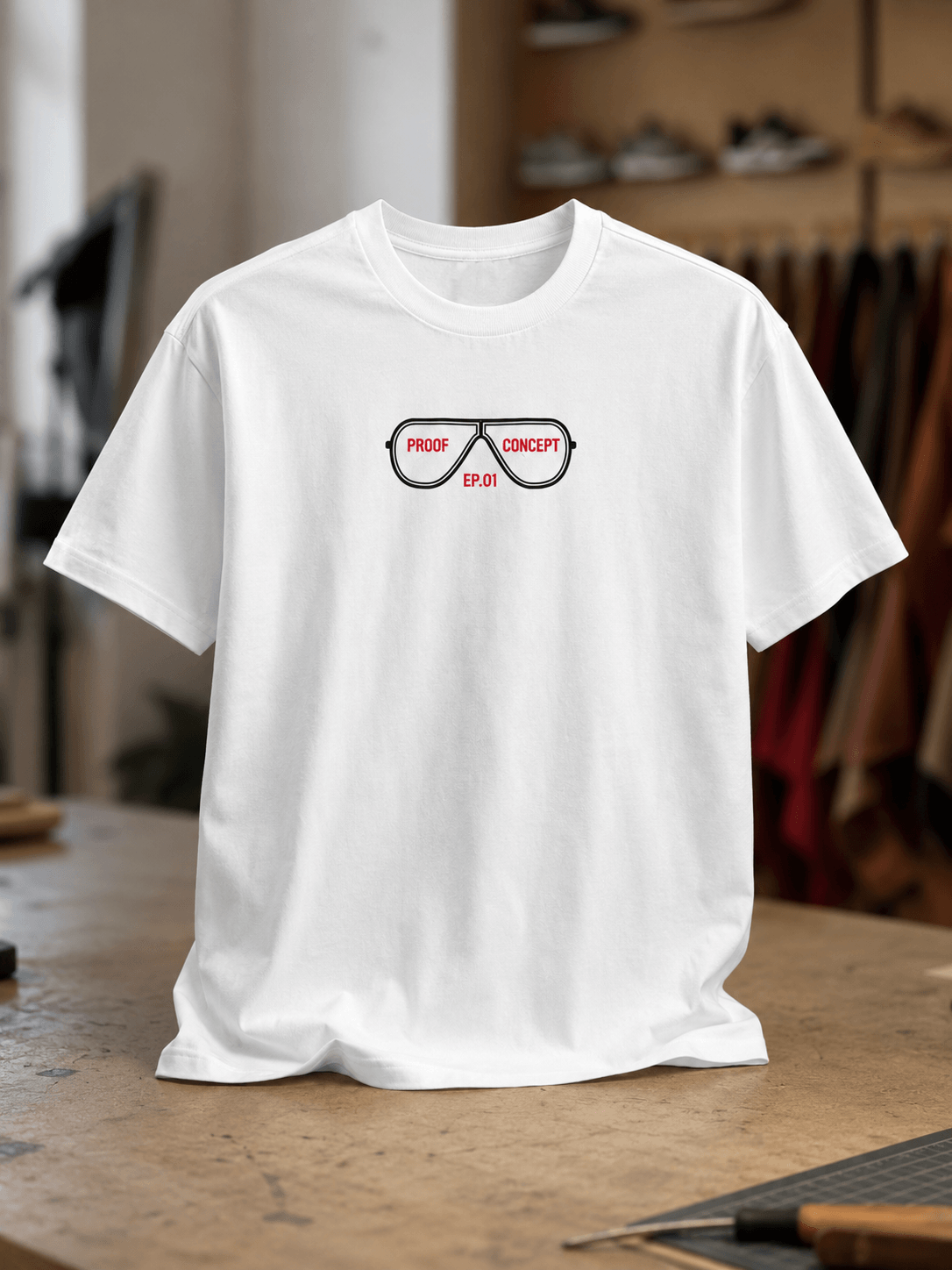 A white short-sleeve crewneck t-shirt with a graphic of black-framed glasses on the chest containing the red text 'PROOF CONCEPT'. The shirt is displayed on a wooden workbench with a blurred workshop or studio background.
