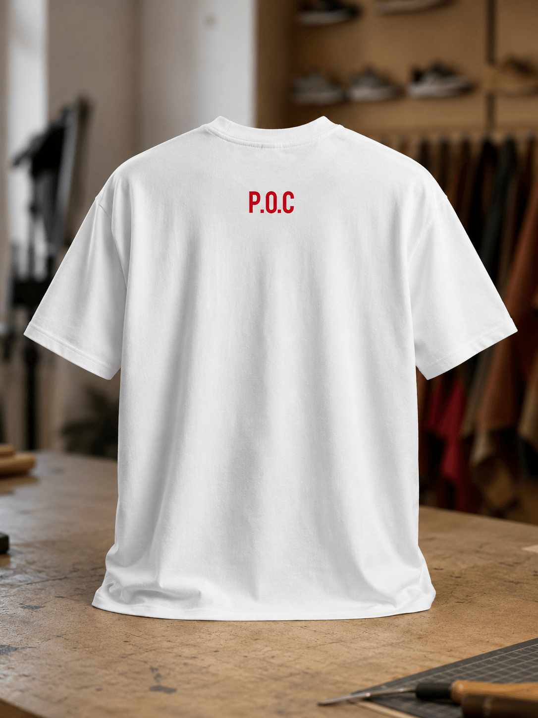 A white short-sleeve t-shirt is displayed from the back, featuring the red text 'P.O.'