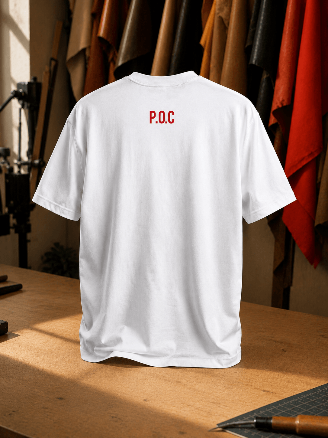 A white short-sleeve crewneck t-shirt back view with the wording P.O.C displayed on a wooden table with a workshop background.