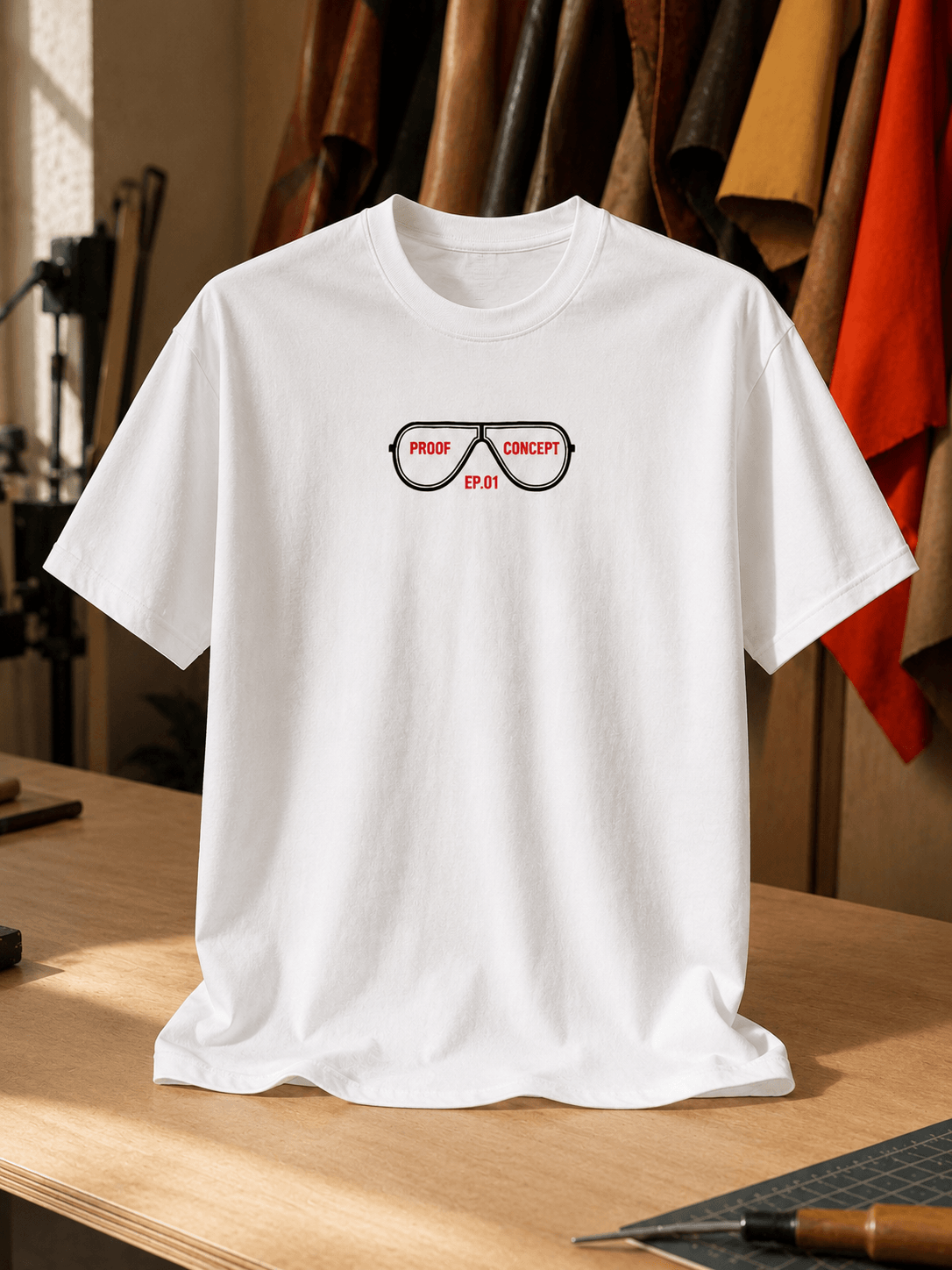 A white short-sleeve crewneck t-shirt with a graphic of black glasses containing red text that reads 'PROOF CONCEPT EP.1', displayed on a wooden table with a workshop background.